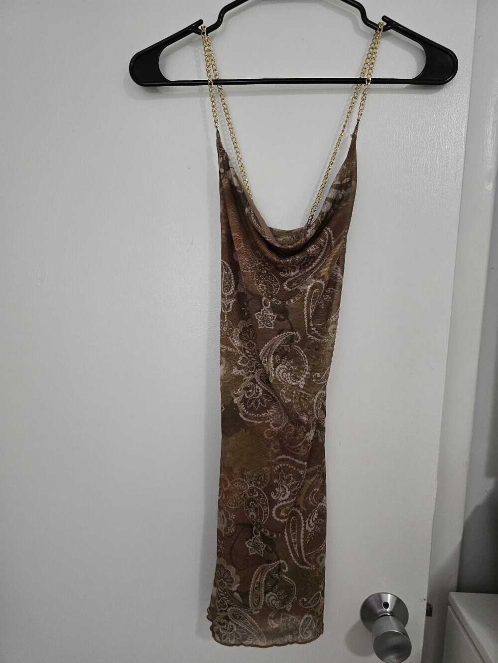 Brown Slip Dress with Gold Chain Straps